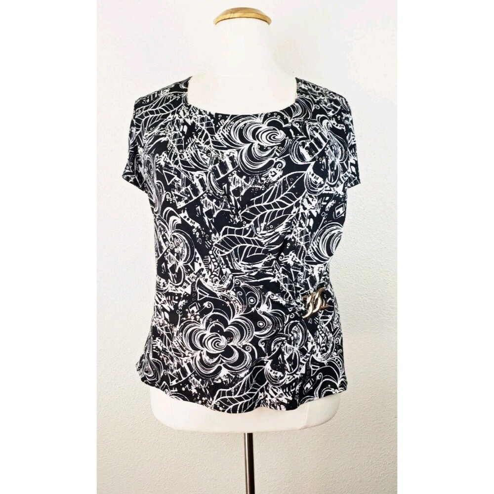 Rachel Rachel women's 2X knit top black white abstract floral metal buckle #03